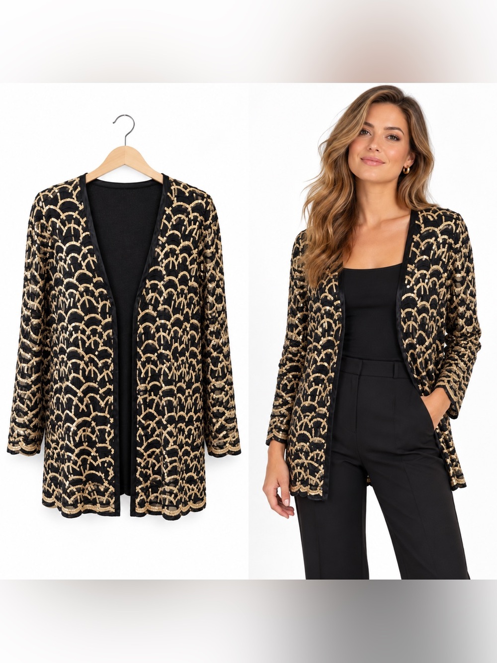 Black Gold Art Deco Sequin Open Front Cardigan Jacket